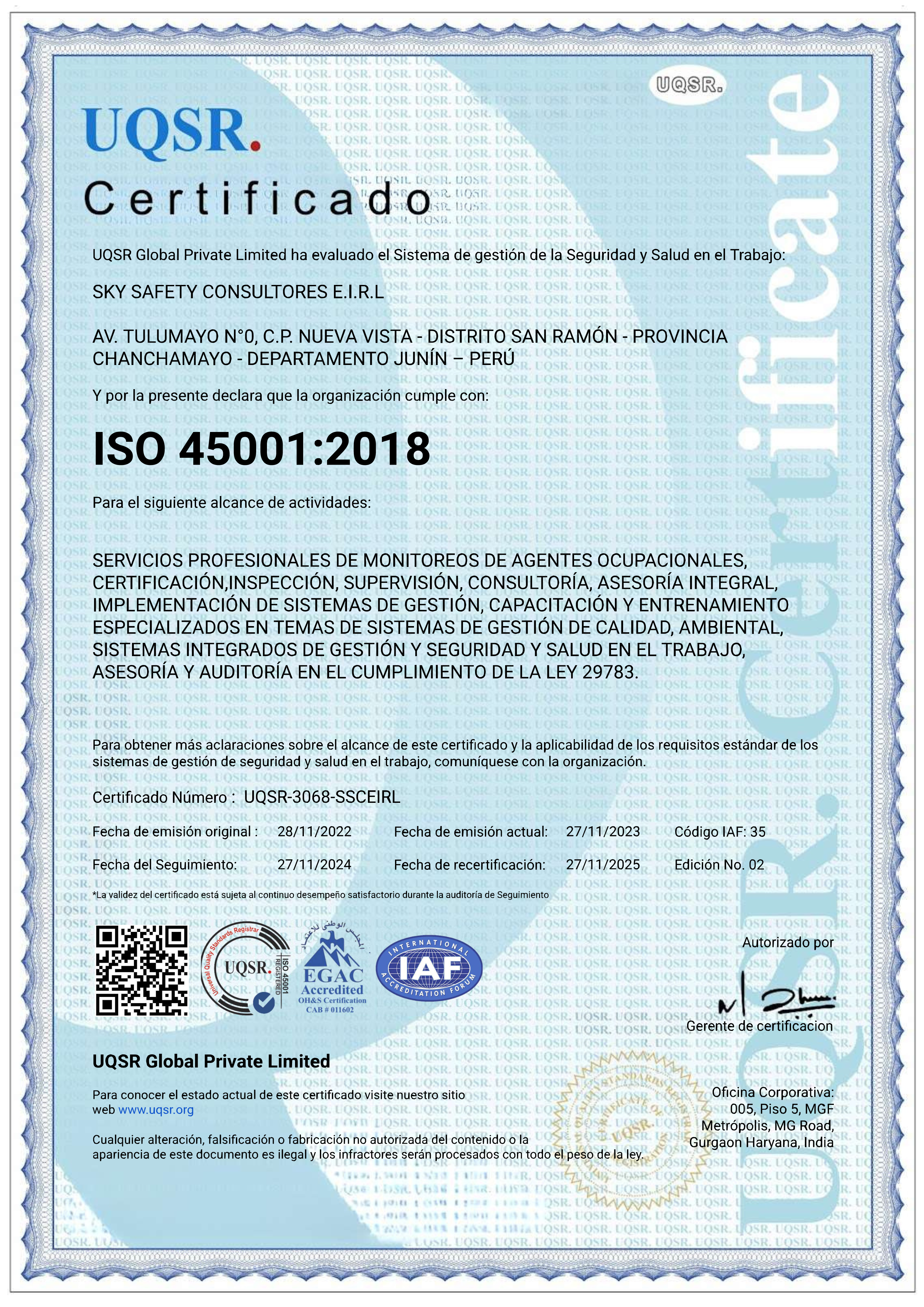 SKY SAFETY CONSULTORES E.I.R.L (ISO 45001) 2024